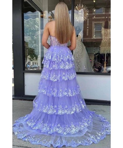 One Shoulder Lace Tulle Tiered Prom Dresses Sparkly Applique Long A Line Formal Evening Party Gowns Champagne $49.39 Dresses