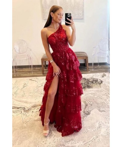 One Shoulder Lace Tulle Tiered Prom Dresses Sparkly Applique Long A Line Formal Evening Party Gowns Champagne $49.39 Dresses