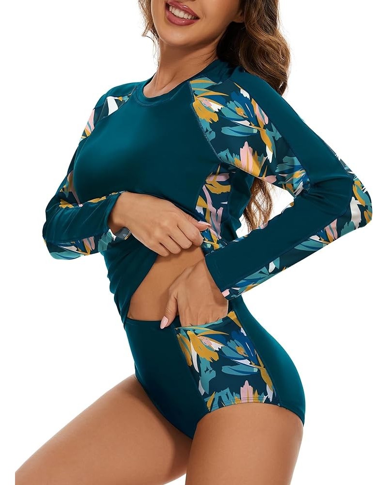 Women's Two Piece Rash Guard Long Sleeve UPF 50+ Swimsuit Built in Bra Swim Shirt with Swim Bottoms with Pockets Dark Green &...