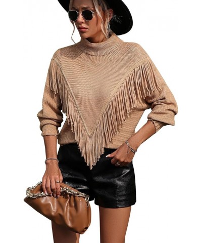 Women's Fringe Trim Turtleneck Long Seeve Sweater Knit Loose Pullover Sweater Khaki $16.40 Sweaters