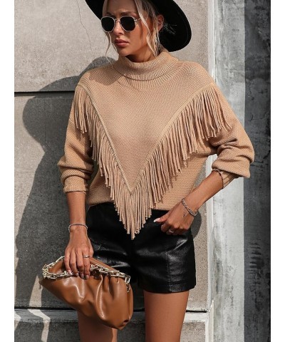 Women's Fringe Trim Turtleneck Long Seeve Sweater Knit Loose Pullover Sweater Khaki $16.40 Sweaters