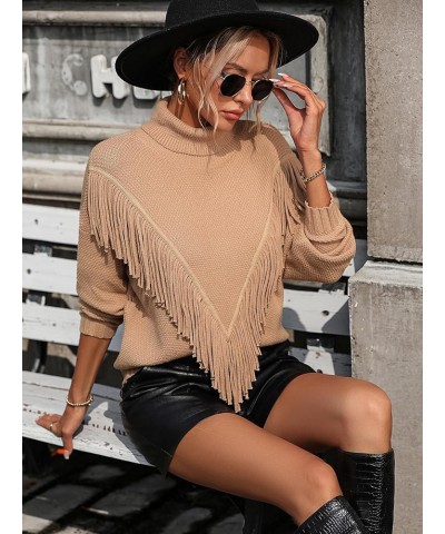 Women's Fringe Trim Turtleneck Long Seeve Sweater Knit Loose Pullover Sweater Khaki $16.40 Sweaters