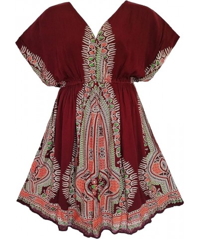 119 - Plus Size Dashiki Printed Babydoll Cover-Up Vacation Dress Burgundy $19.94 Swimsuits