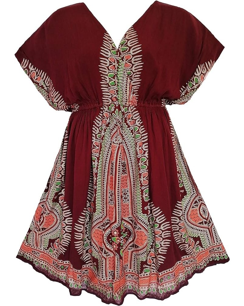 119 - Plus Size Dashiki Printed Babydoll Cover-Up Vacation Dress Burgundy $19.94 Swimsuits