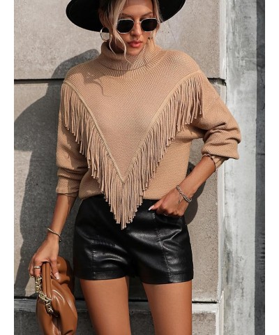 Women's Fringe Trim Turtleneck Long Seeve Sweater Knit Loose Pullover Sweater Khaki $16.40 Sweaters