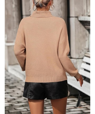 Women's Fringe Trim Turtleneck Long Seeve Sweater Knit Loose Pullover Sweater Khaki $16.40 Sweaters