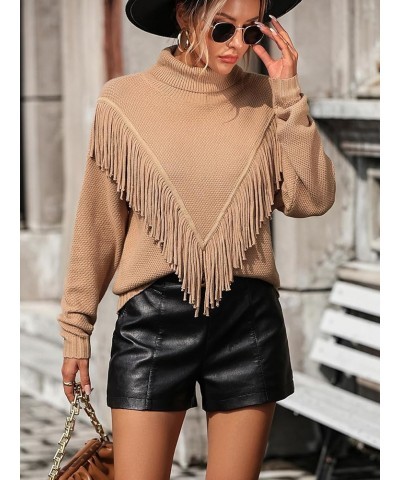 Women's Fringe Trim Turtleneck Long Seeve Sweater Knit Loose Pullover Sweater Khaki $16.40 Sweaters