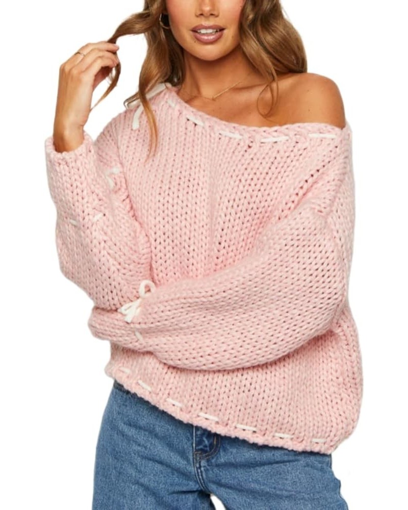 Women Y2k Lace Up Sweater Loose Fit Retro Long Sleeve Cable Knit Pullover Tops Cute Bowtie Fairy Going Out Jumper 15-pink $10...