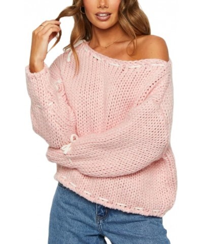 Women Y2k Lace Up Sweater Loose Fit Retro Long Sleeve Cable Knit Pullover Tops Cute Bowtie Fairy Going Out Jumper 15-pink $10...