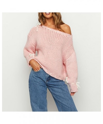 Women Y2k Lace Up Sweater Loose Fit Retro Long Sleeve Cable Knit Pullover Tops Cute Bowtie Fairy Going Out Jumper 15-pink $10...