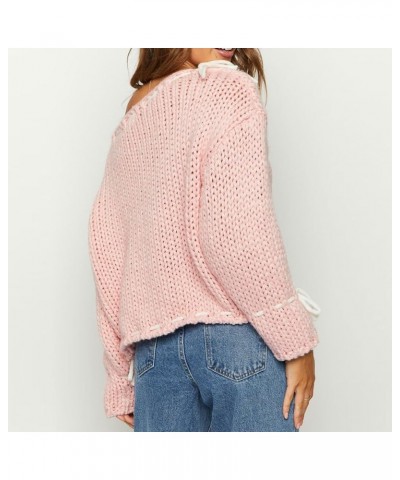 Women Y2k Lace Up Sweater Loose Fit Retro Long Sleeve Cable Knit Pullover Tops Cute Bowtie Fairy Going Out Jumper 15-pink $10...