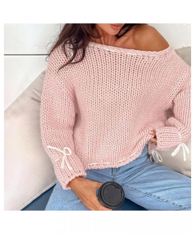 Women Y2k Lace Up Sweater Loose Fit Retro Long Sleeve Cable Knit Pullover Tops Cute Bowtie Fairy Going Out Jumper 15-pink $10...