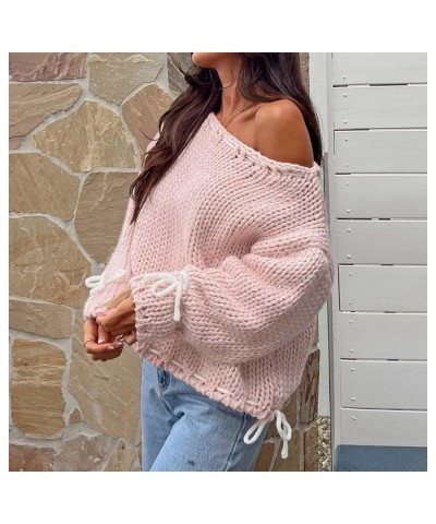 Women Y2k Lace Up Sweater Loose Fit Retro Long Sleeve Cable Knit Pullover Tops Cute Bowtie Fairy Going Out Jumper 15-pink $10...