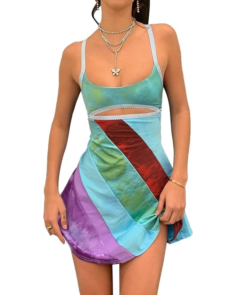 Women Y2k Vintage Mini Dress Sexy Halter Neck Bodycon Dress B1 Multicoloured Patchwork $10.63 Dresses