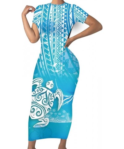 Women's Plus Size American Samoa Hawaiian Polynesian Short Sleeve Bodycon Maxi Dress Blue Polynesian Sea Turtle $13.99 Dresses