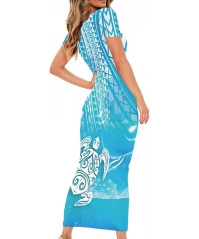 Women's Plus Size American Samoa Hawaiian Polynesian Short Sleeve Bodycon Maxi Dress Blue Polynesian Sea Turtle $13.99 Dresses