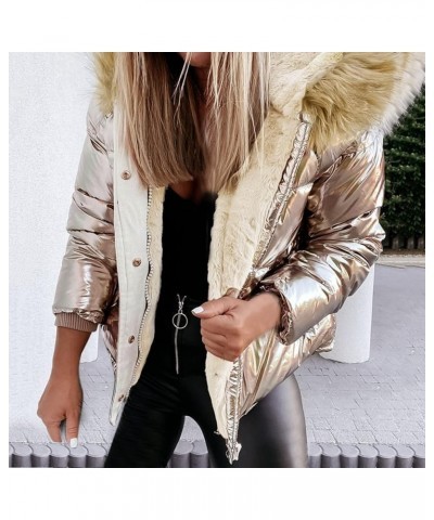 Women's Solid Color Coat Jacket Zipper Bright Face Large Wool Collar Coat Thickened Hooded Plush Warm Elderly Gold $20.42 Jac...