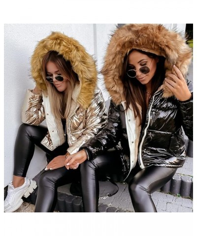 Women's Solid Color Coat Jacket Zipper Bright Face Large Wool Collar Coat Thickened Hooded Plush Warm Elderly Gold $20.42 Jac...