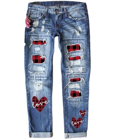 Women Skinny Ripped Jeans Stretch Distressed Destroyed Denim Pants Casual Mid Rise Straight Leg Pants with Hole Red Plaid Pat...