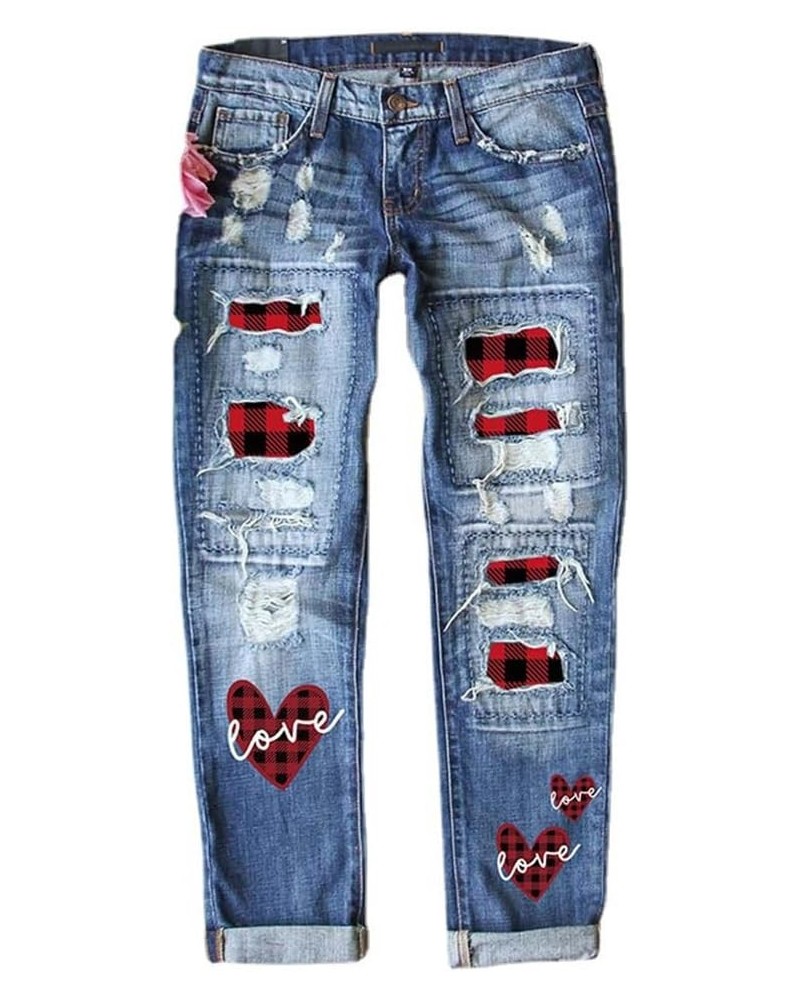 Women Skinny Ripped Jeans Stretch Distressed Destroyed Denim Pants Casual Mid Rise Straight Leg Pants with Hole Red Plaid Pat...