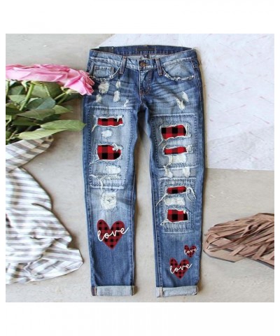 Women Skinny Ripped Jeans Stretch Distressed Destroyed Denim Pants Casual Mid Rise Straight Leg Pants with Hole Red Plaid Pat...