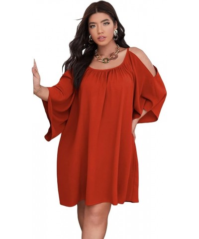 Women Plus Size Summer Dress Cold Shoulder Short Sleeve Casual Loose Short Dresses Solid Burnt Orange $22.54 Dresses