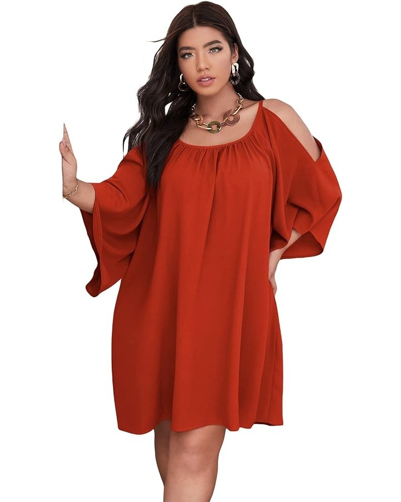 Women Plus Size Summer Dress Cold Shoulder Short Sleeve Casual Loose Short Dresses Solid Burnt Orange $22.54 Dresses