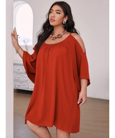 Women Plus Size Summer Dress Cold Shoulder Short Sleeve Casual Loose Short Dresses Solid Burnt Orange $22.54 Dresses