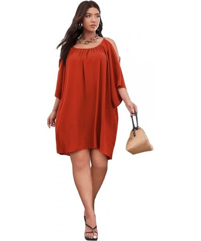 Women Plus Size Summer Dress Cold Shoulder Short Sleeve Casual Loose Short Dresses Solid Burnt Orange $22.54 Dresses