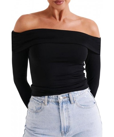 Women’s Off Shoulder Long Sleeve Tops Y2K Solid Basic Low Cut Folded Neck Slim Tee Shirts Sexy Ruched Crop Blouse D Folded Ne...