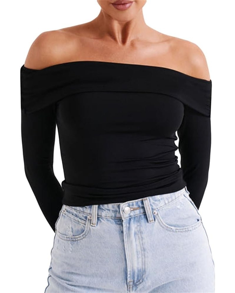 Women’s Off Shoulder Long Sleeve Tops Y2K Solid Basic Low Cut Folded Neck Slim Tee Shirts Sexy Ruched Crop Blouse D Folded Ne...