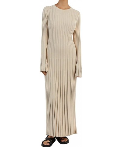 Women Long Sleeve Ribbed Knit Pleated Maxi Dress Bodycon Crew Neck Ruched Slim Fit Fall Sweater Dress Party Apricot $9.34 Dre...