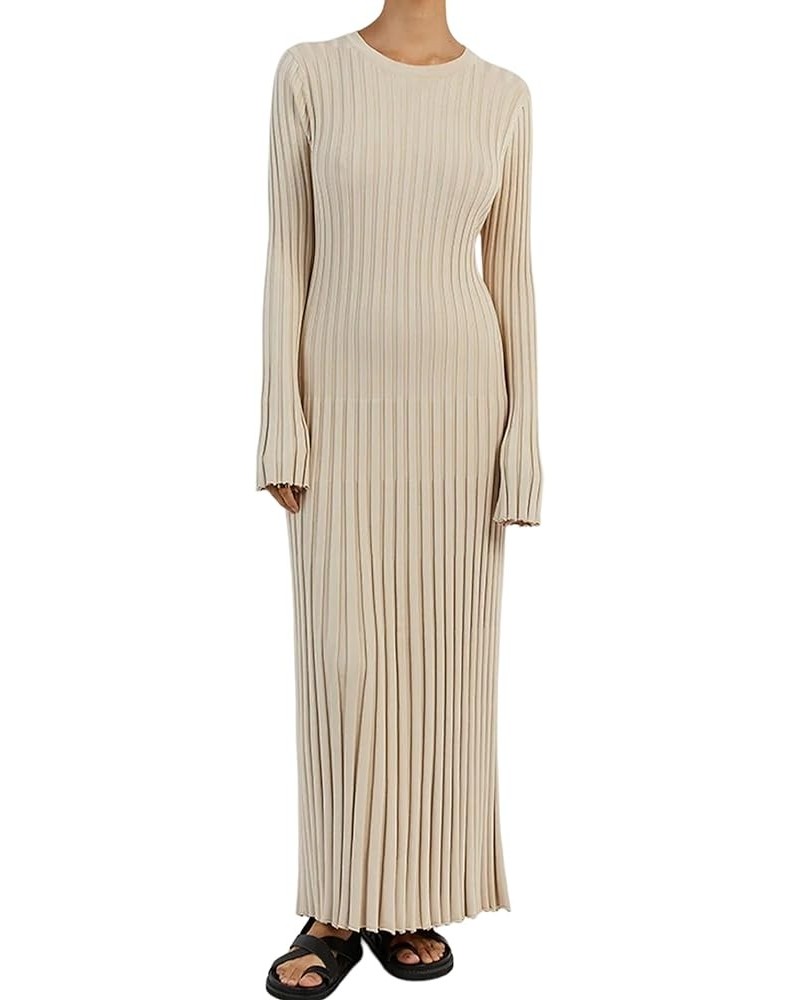 Women Long Sleeve Ribbed Knit Pleated Maxi Dress Bodycon Crew Neck Ruched Slim Fit Fall Sweater Dress Party Apricot $9.34 Dre...