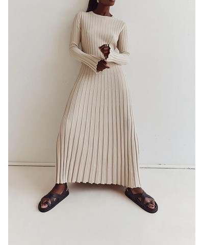 Women Long Sleeve Ribbed Knit Pleated Maxi Dress Bodycon Crew Neck Ruched Slim Fit Fall Sweater Dress Party Apricot $9.34 Dre...