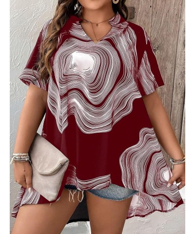 Women's Plus Size Short Sleeve V Neck High Low Hem Graphic Print Blouse Top Maroon $15.36 Blouses