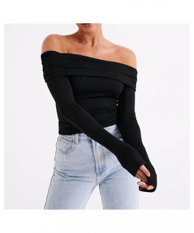 Women’s Off Shoulder Long Sleeve Tops Y2K Solid Basic Low Cut Folded Neck Slim Tee Shirts Sexy Ruched Crop Blouse D Folded Ne...