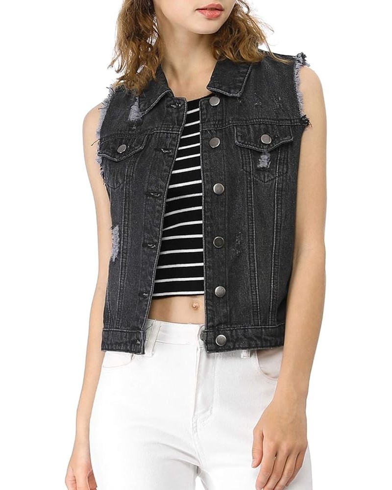 Women's Turn Down Collar Button Closure Sleeveless Washed Distressed Denim Vest Black $19.27 Vests