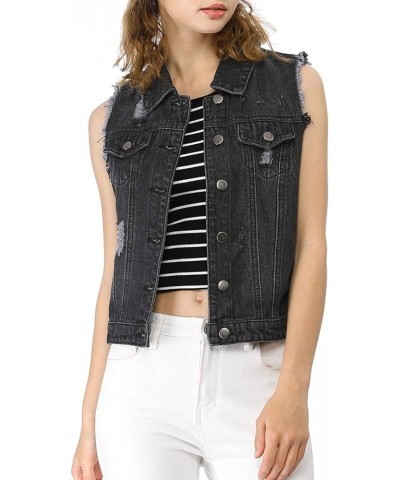 Women's Turn Down Collar Button Closure Sleeveless Washed Distressed Denim Vest Black $19.27 Vests