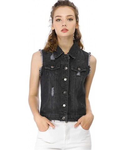 Women's Turn Down Collar Button Closure Sleeveless Washed Distressed Denim Vest Black $19.27 Vests