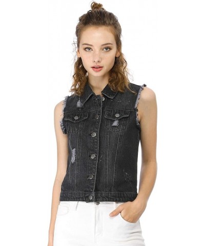 Women's Turn Down Collar Button Closure Sleeveless Washed Distressed Denim Vest Black $19.27 Vests