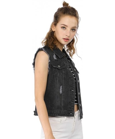 Women's Turn Down Collar Button Closure Sleeveless Washed Distressed Denim Vest Black $19.27 Vests