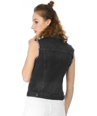 Women's Turn Down Collar Button Closure Sleeveless Washed Distressed Denim Vest Black $19.27 Vests