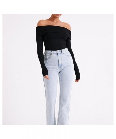 Women’s Off Shoulder Long Sleeve Tops Y2K Solid Basic Low Cut Folded Neck Slim Tee Shirts Sexy Ruched Crop Blouse D Folded Ne...