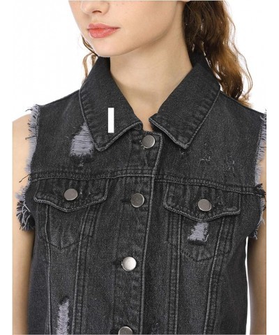 Women's Turn Down Collar Button Closure Sleeveless Washed Distressed Denim Vest Black $19.27 Vests