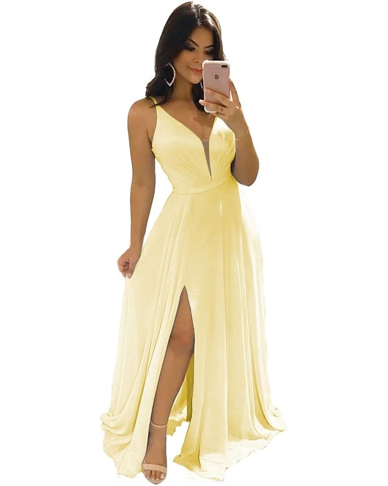 Women's V-Neck Bridesmaid Dresses for Women Long Simple A-Line Formal Dresses with Slit Cf078 Yellow $20.50 Dresses