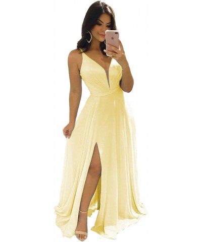 Women's V-Neck Bridesmaid Dresses for Women Long Simple A-Line Formal Dresses with Slit Cf078 Yellow $20.50 Dresses