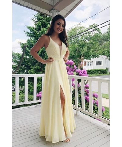 Women's V-Neck Bridesmaid Dresses for Women Long Simple A-Line Formal Dresses with Slit Cf078 Yellow $20.50 Dresses