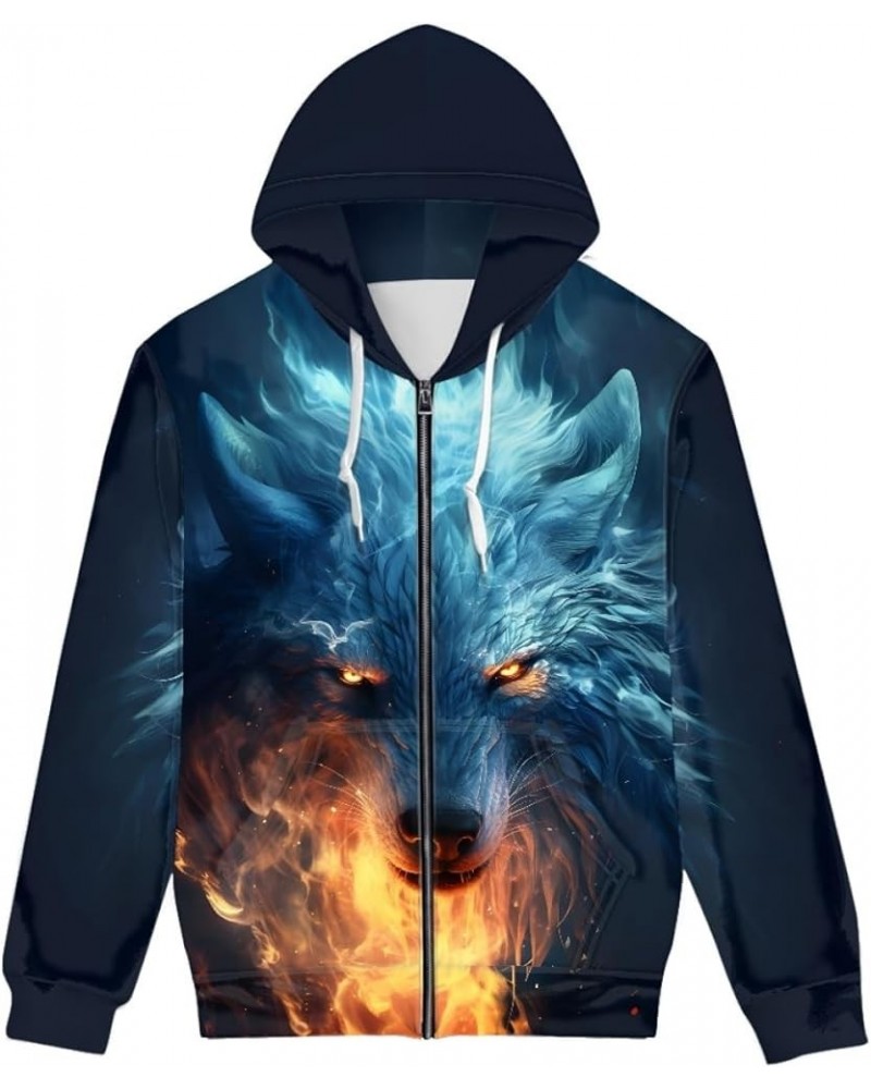 JooMeryer Men's 3D Wolf Print Casual Jacket Full Zip Hoodie Hooded Sweatshirts Yellow Eye Fire Wolf $14.35 Hoodies & Sweatshirts