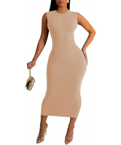 Sexy Bodycon Ribbed Tank Dress for Women Sleeveless Casual Party Club Midi Dresses T-camel $16.00 Dresses