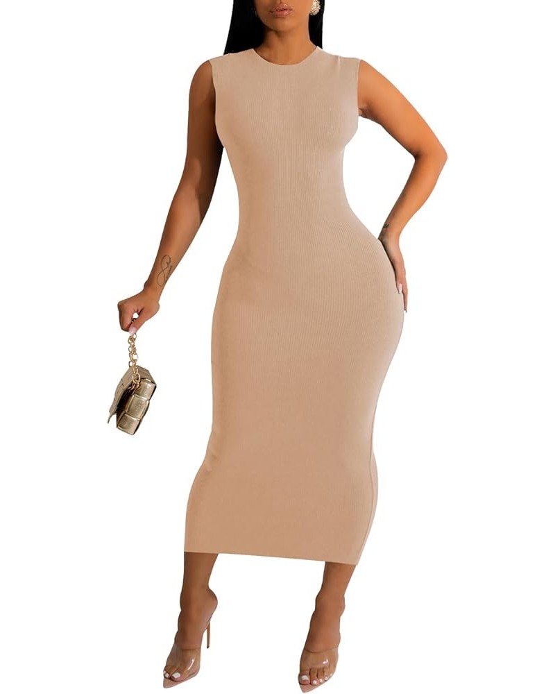 Sexy Bodycon Ribbed Tank Dress for Women Sleeveless Casual Party Club Midi Dresses T-camel $16.00 Dresses